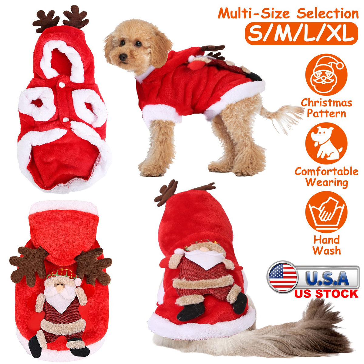 Santa Claus Pet Costume with Reindeer Antlers for Dogs & Cats