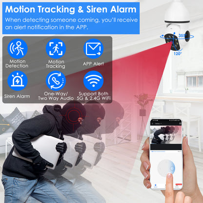 E27 WiFi Bulb Security Camera 1080P with Pan Tilt & Night Vision