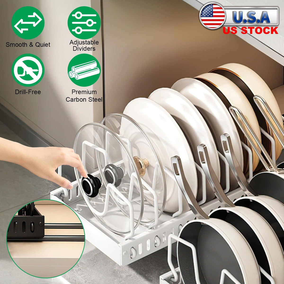 Pull Out Pots And Pans Organizer Under Cabinet With 8 Adjustable Dividers Rustproof Carbon Steel Sliding Pots Holder For Kitchen Cookware Bakeware Pot