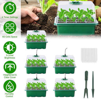 5Packs Seed Starter Tray With Grow Light Humidity Dome Germination Kit with 5-Level Brightness 4 Timers for Indoor Greenhouse