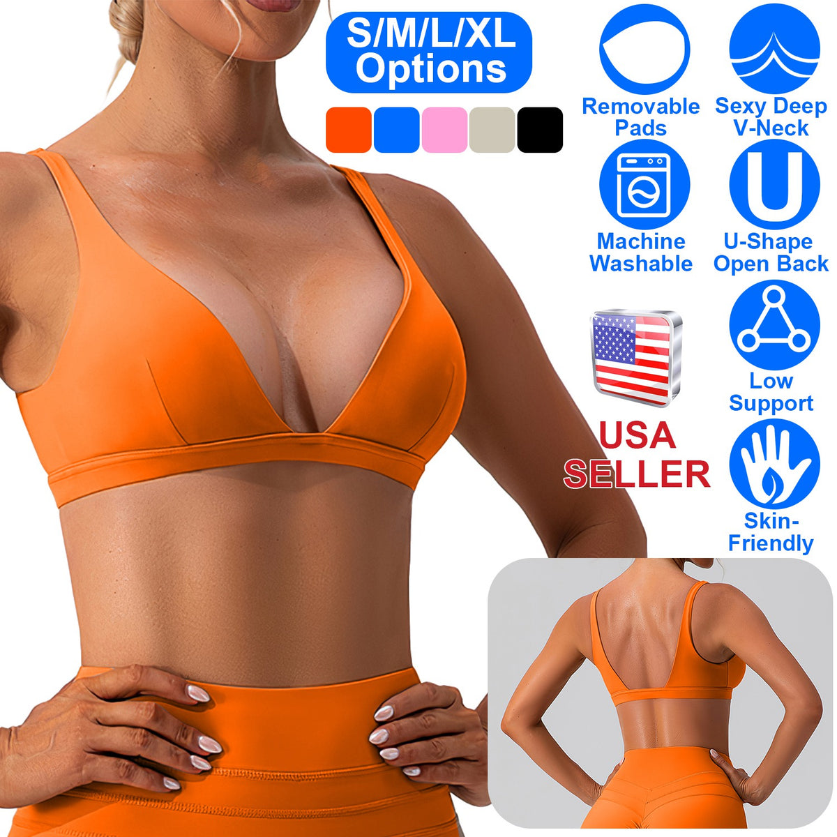 Women Deep V-Neck Sports Bras U-Shaped Back Sport Bras Padded Strappy Crop Open Back Low Impact Bras Sexy Fitness Tank Tops with Removable Pads for Gy