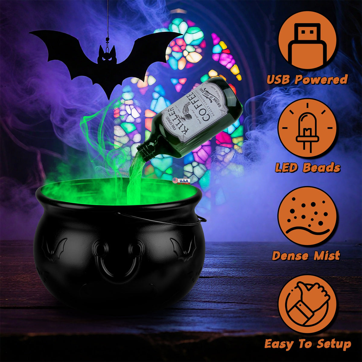 Floating Bottle Witch Cauldron with Mist Maker & Green Light