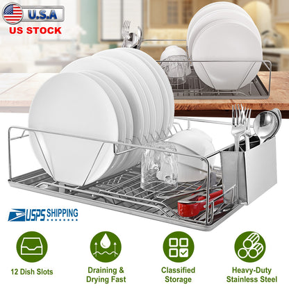 Stainless Steel Dish Drying Rack with Drainboard & Cutlery Holder