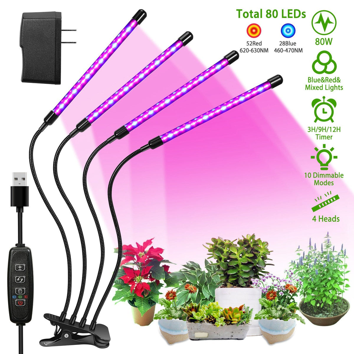 Grow Lights for Indoor Plants, iMounTEK 80W 80 LEDs Plant Lights with Red Blue Full Spectrum 10 Dimmable Level 360¡Adjustable Gooseneck 3/6/12H Timer