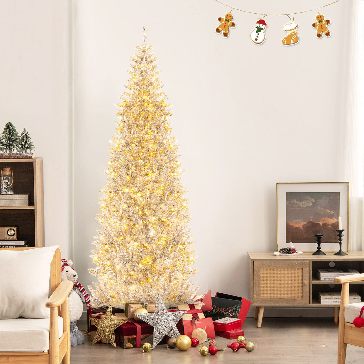 6/7 FT Pre-Lit Artificial Silver Tinsel Xmas Tree with 790 Branch Tips and 300 LED Lights