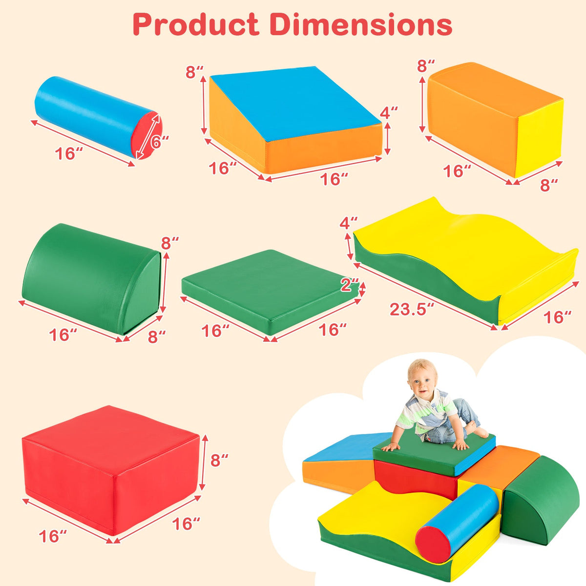 7 Pieces Toddlers Climbing Toys with EPE Foam and Removable PU Leather