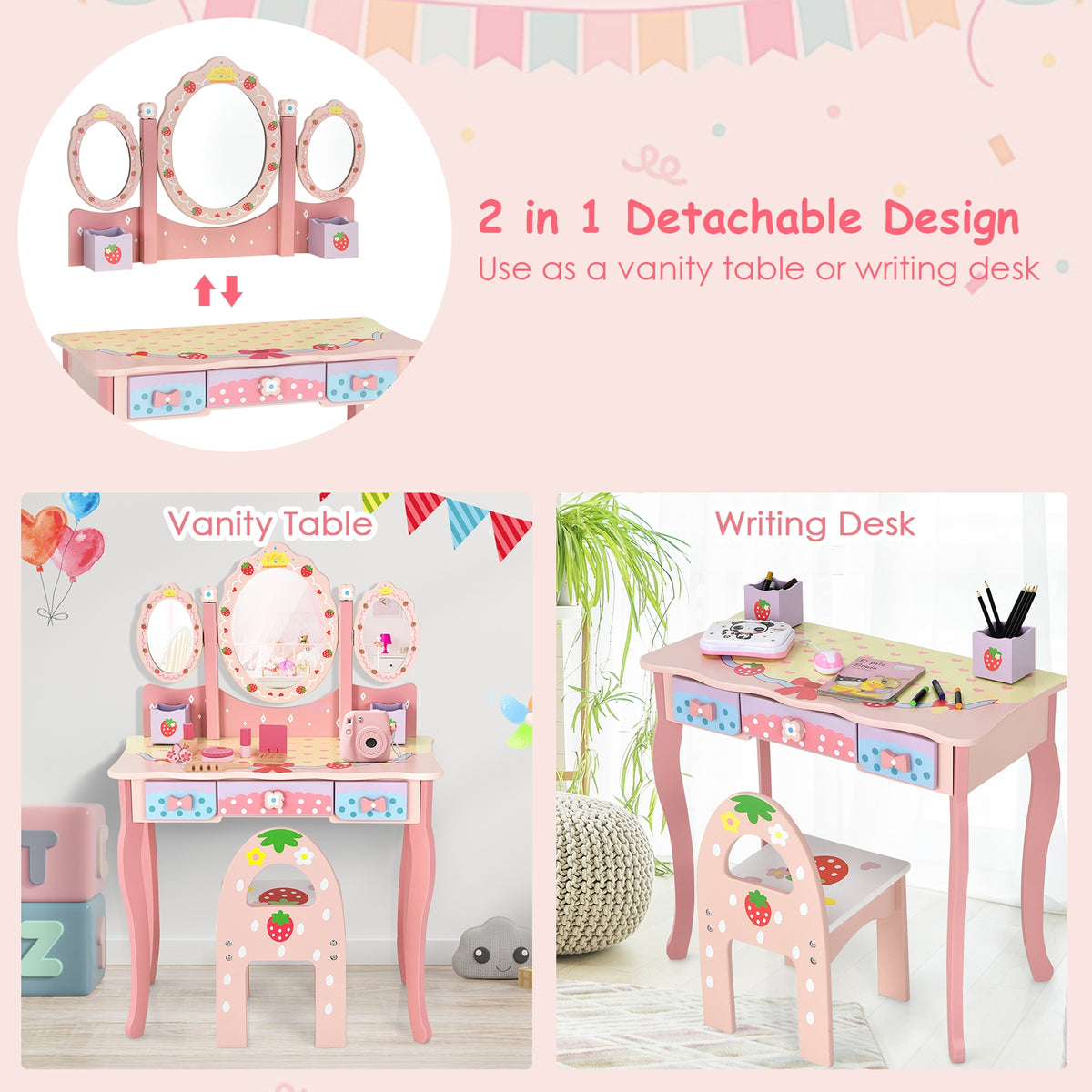 Kids Vanity Table Set with Tri-Fold Mirror and Chair