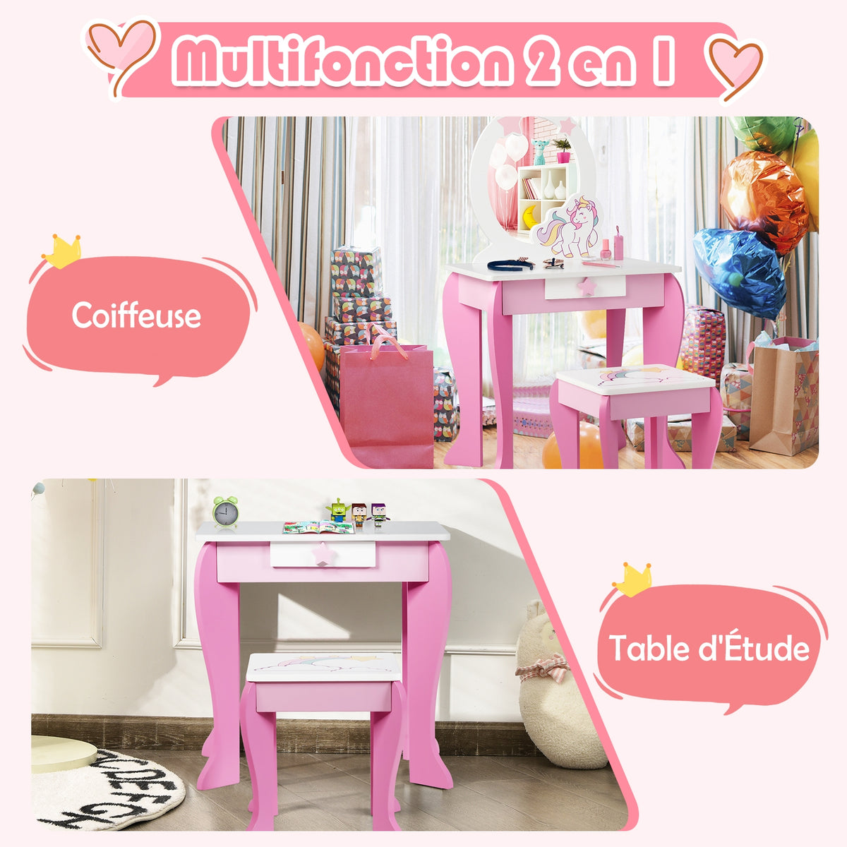 Kids Wooden Vanity Table and Chair Set with Mirror and Drawer