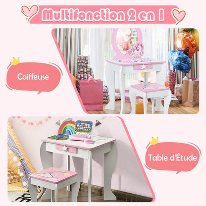 Kids Wooden Vanity Table and Chair Set with Mirror and Drawer