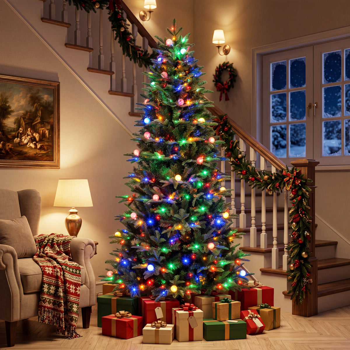8 FT Pre-Lit Artificial Christmas Tree with Globe LED Lights