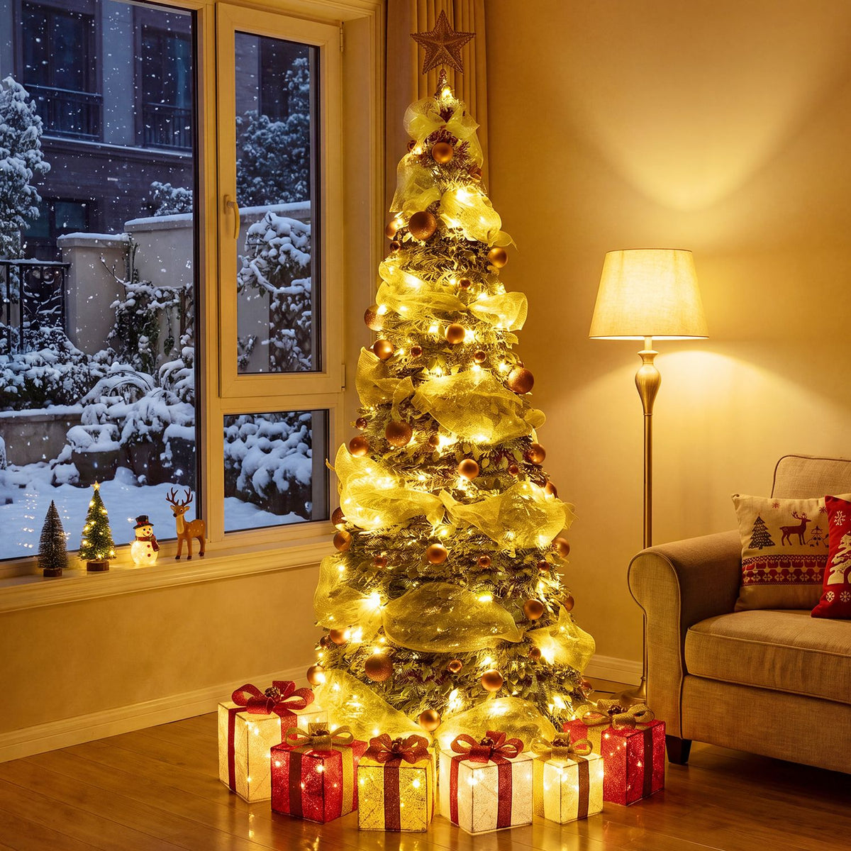 7 FT Pre-Lit Pop up Christmas Tree with 150/180 Warm White LED Lights and 8 Modes