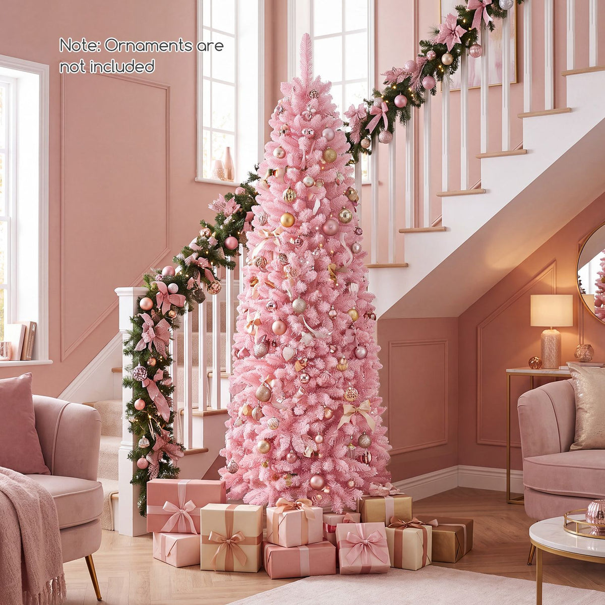 7 Feet Pre-Lit Snow Flocked Hinged Pencil Christmas Tree with 300 Lights and 8 Modes