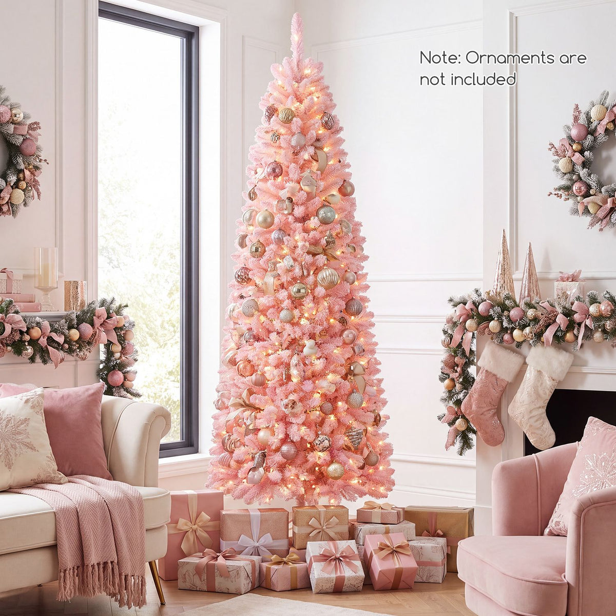 7 Feet Pre-Lit Snow Flocked Hinged Pencil Christmas Tree with 300 Lights and 8 Modes