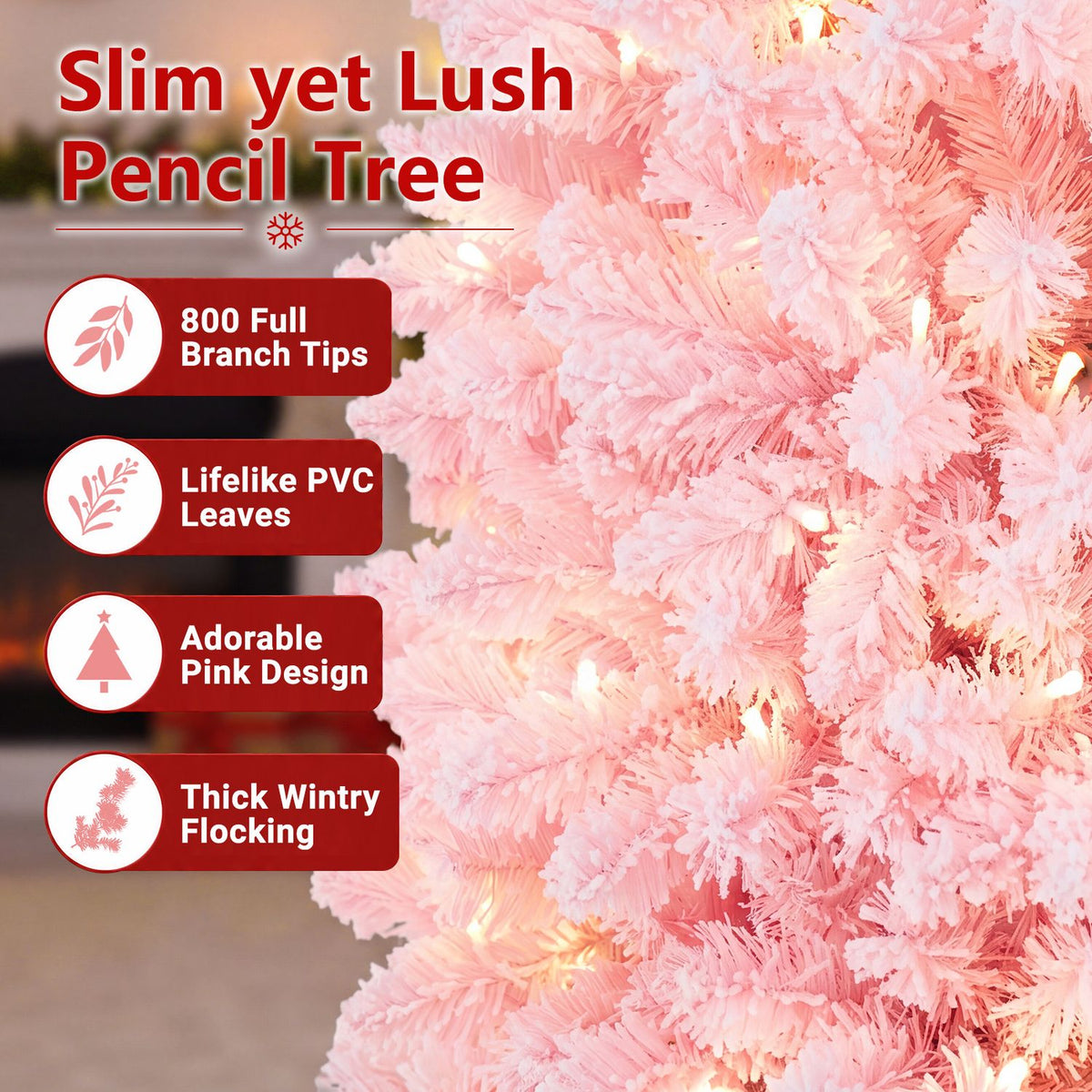 7 Feet Pre-Lit Snow Flocked Hinged Pencil Christmas Tree with 300 Lights and 8 Modes