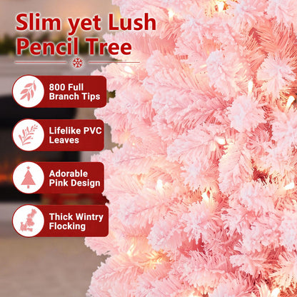 7 Feet Pre-Lit Snow Flocked Hinged Pencil Christmas Tree with 300 Lights and 8 Modes