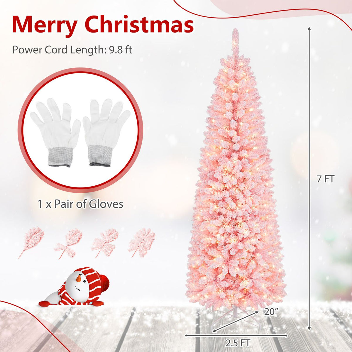 7 Feet Pre-Lit Snow Flocked Hinged Pencil Christmas Tree with 300 Lights and 8 Modes