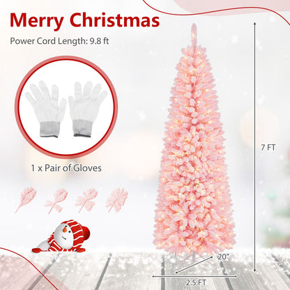 7 Feet Pre-Lit Snow Flocked Hinged Pencil Christmas Tree with 300 Lights and 8 Modes