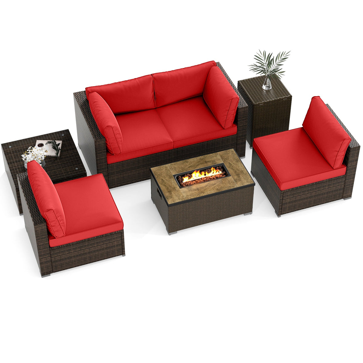 7 Pieces Outdoor Furniture Set with 32 Inch Fire Pit Table and Propane Tank Cover