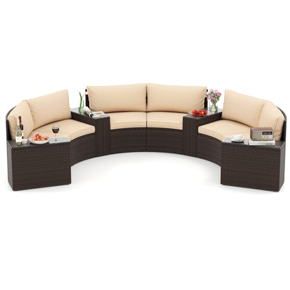 7 Pieces Patio Furniture Set PE Rattan Half-Moon Curved Sofas with Side Tables-Brown