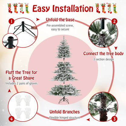 7 Feet Snow Flocked Artificial Christmas Tree with Cool White LED Lights