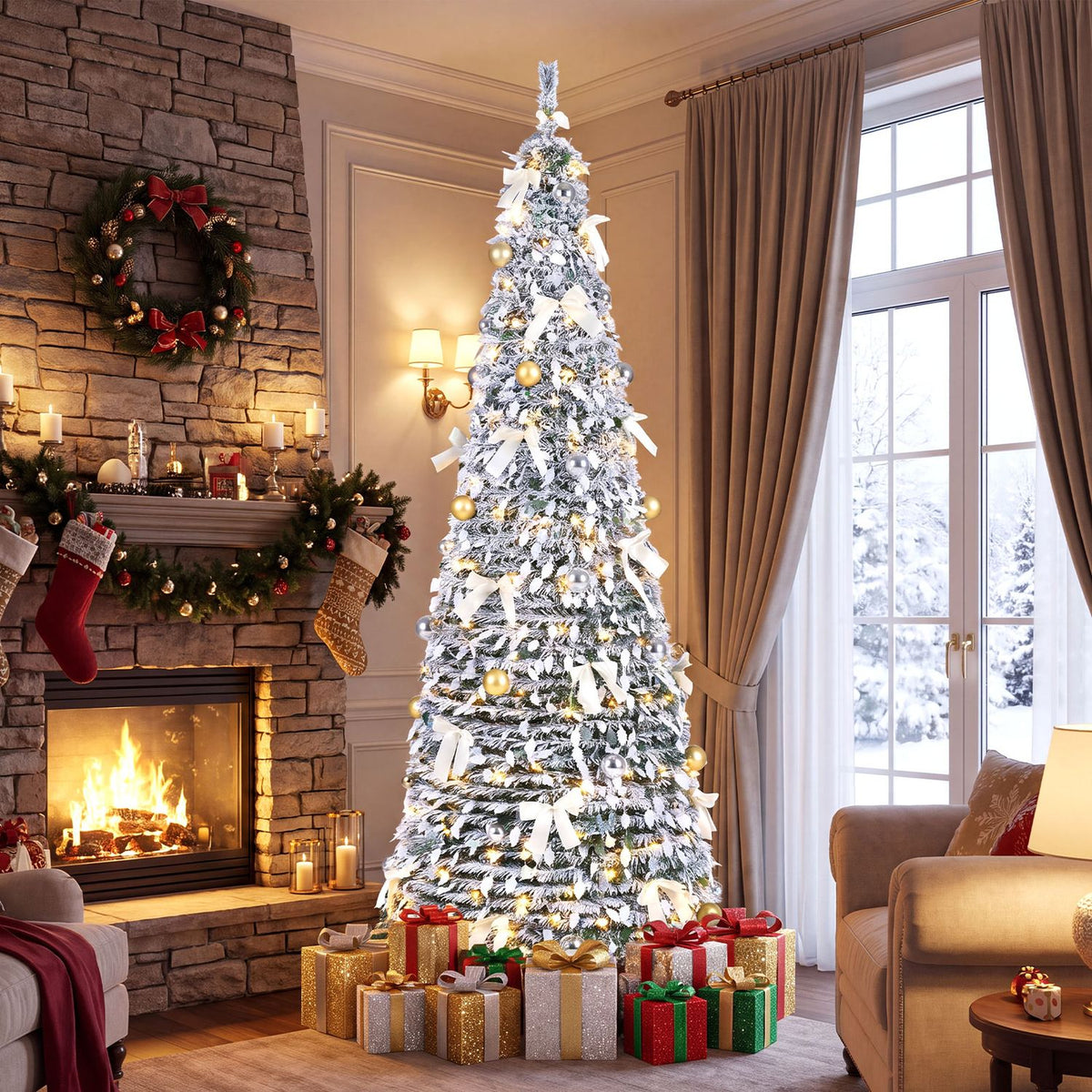 6 ft Pop Up Flocked Christmas Tree with 20/30 Christmas Bows and 35 Christmas Balls
