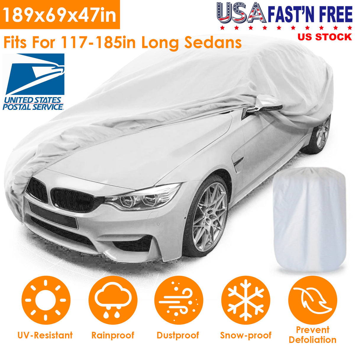 Full Car Cover 189x69x47in All Weather UV Protection for Sedans