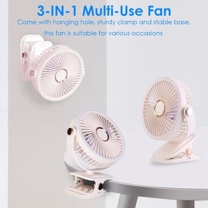 Clip-On Fan with 5 Speeds, LED Light & 720° Rotation