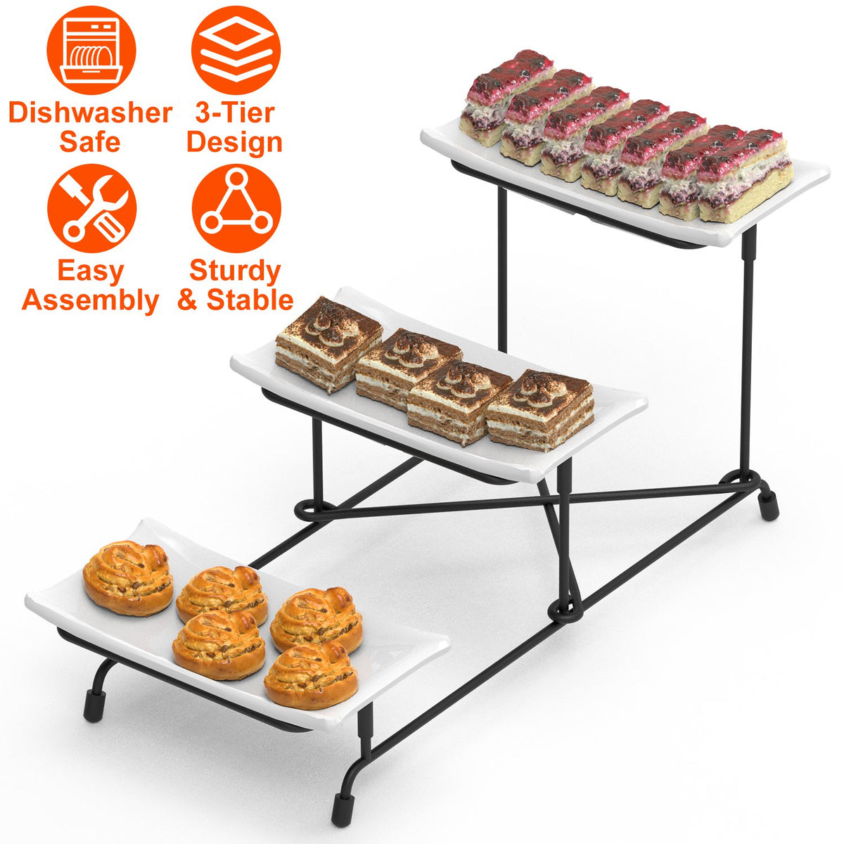 3-Tier Serving Tray with Adjustable Stand - White & Black