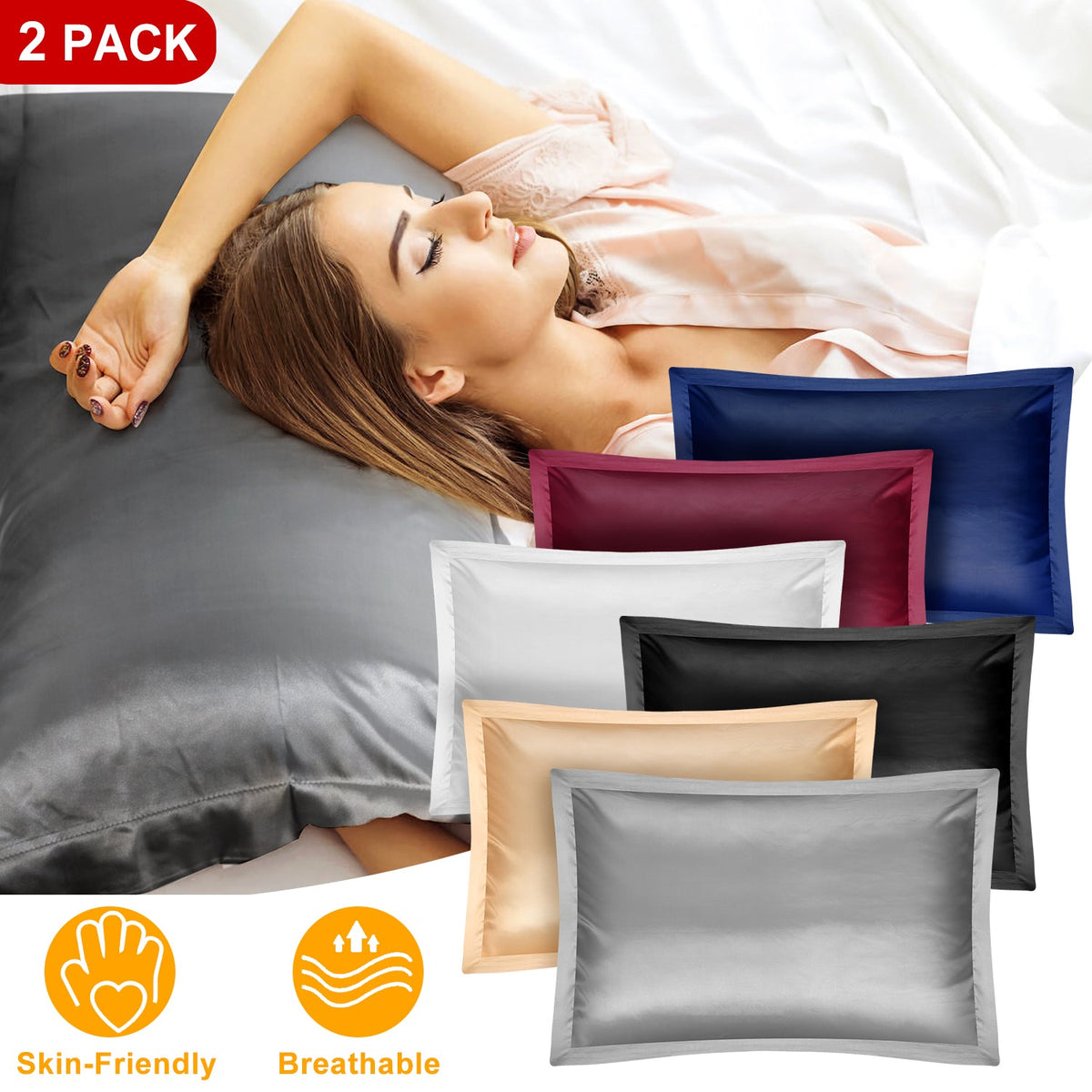 2 Pack Soft Silky Satin Pillow Case Hypoallergenic Breathable Bed Pillow Cover Queen Size Pillowcase Great for Hair Skin
