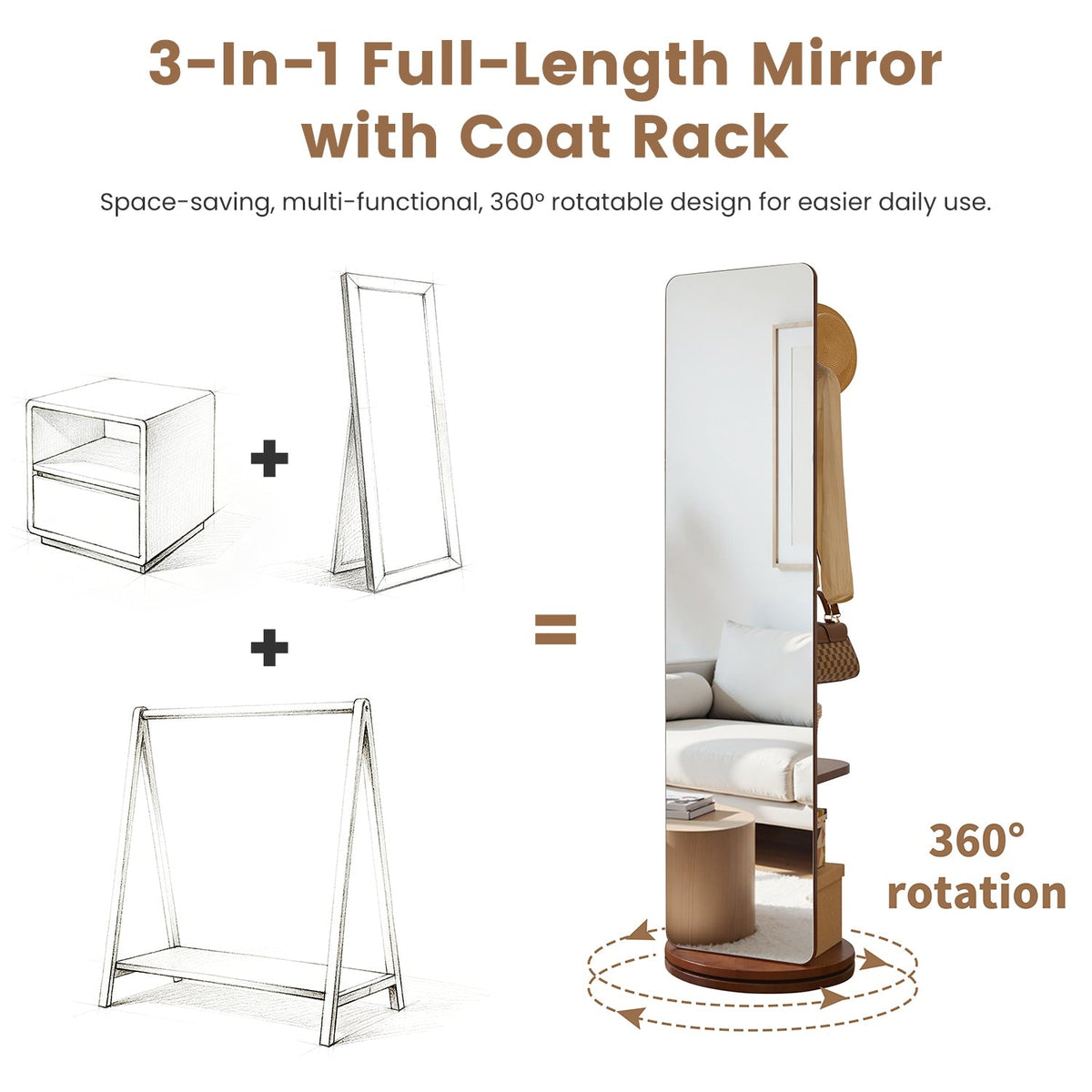 Full Length Rotating Mirror with Coat Rack & Storage Shelf