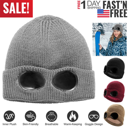 Knit Beanie Hat with Goggle - Warm Winter Skull Cap