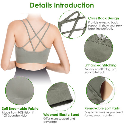 3Packs Women Cross Back Sport Bras Padded Strappy Medium Support Bras Sexy Fitness Tank Tops with Removable Pads for Gym Yoga Workout Running