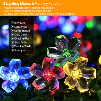 Solar Flower String Lights 50 LED Sakura Blossom 23ft Waterproof