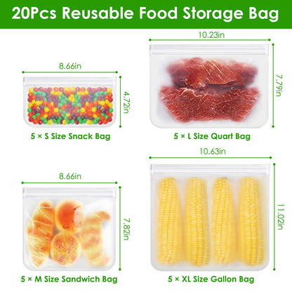 Reusable Food Storage Bags Set of 20 - Leakproof PEVA Freezer Bags