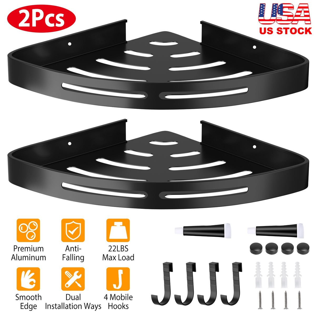 Corner Shower Caddy Shelf 2-Pack - Adhesive Wall Mount Aluminum