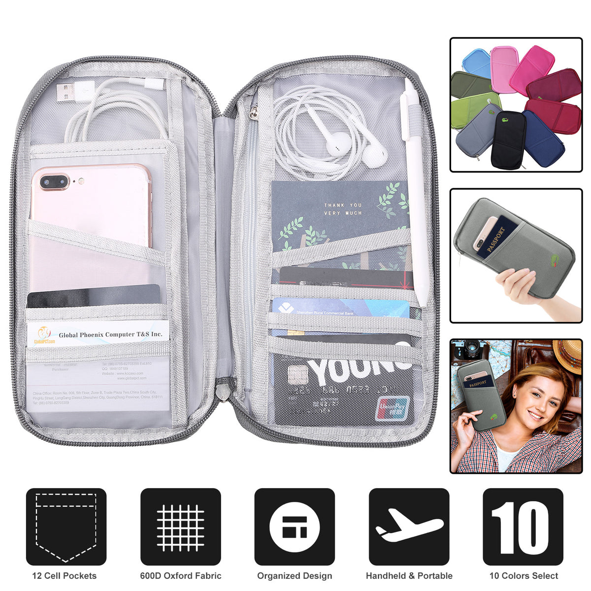 Travel Passport Wallet 12Cells Ticket ID Credit Card Holder Water Repellent Documents Phone Organizer Zipper Case Business Trip Daily Use
