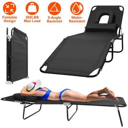 Folding Beach Lounge Chair Face Down Tanning Chaise Sunbathing Recliner 265LBS Max Load with 5-Angle Backrest 3 Removabl