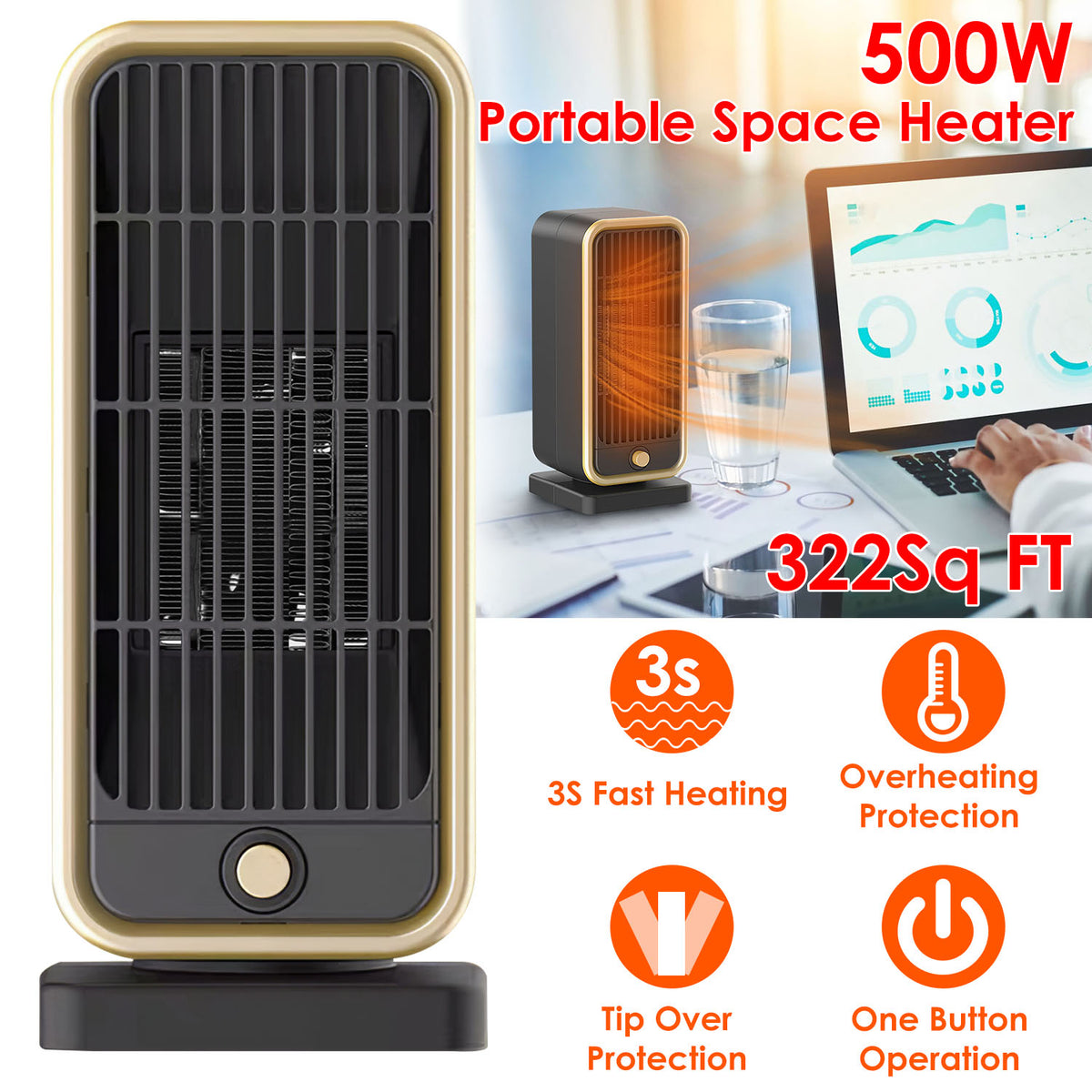 500W Portable Ceramic Space Heater with Tip-Over Protection
