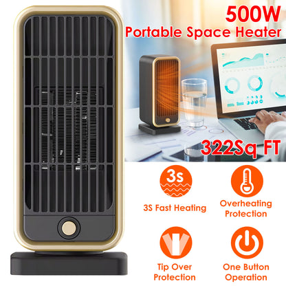 500W Portable Ceramic Space Heater with Tip-Over Protection