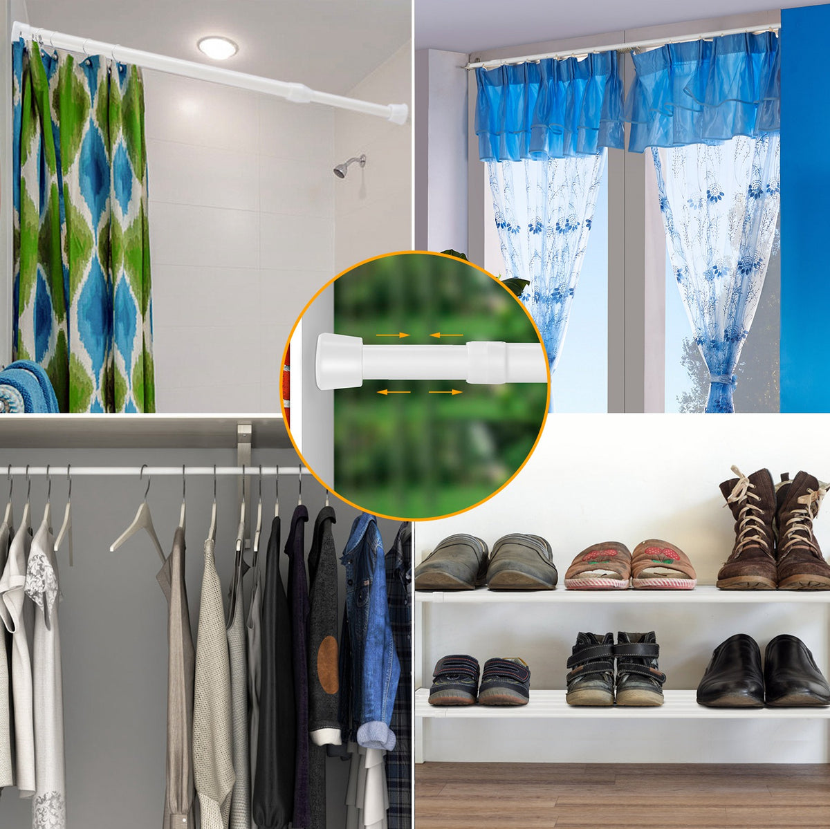 Tension Curtain Rod Adjustable Spring-Loaded Steel Pole