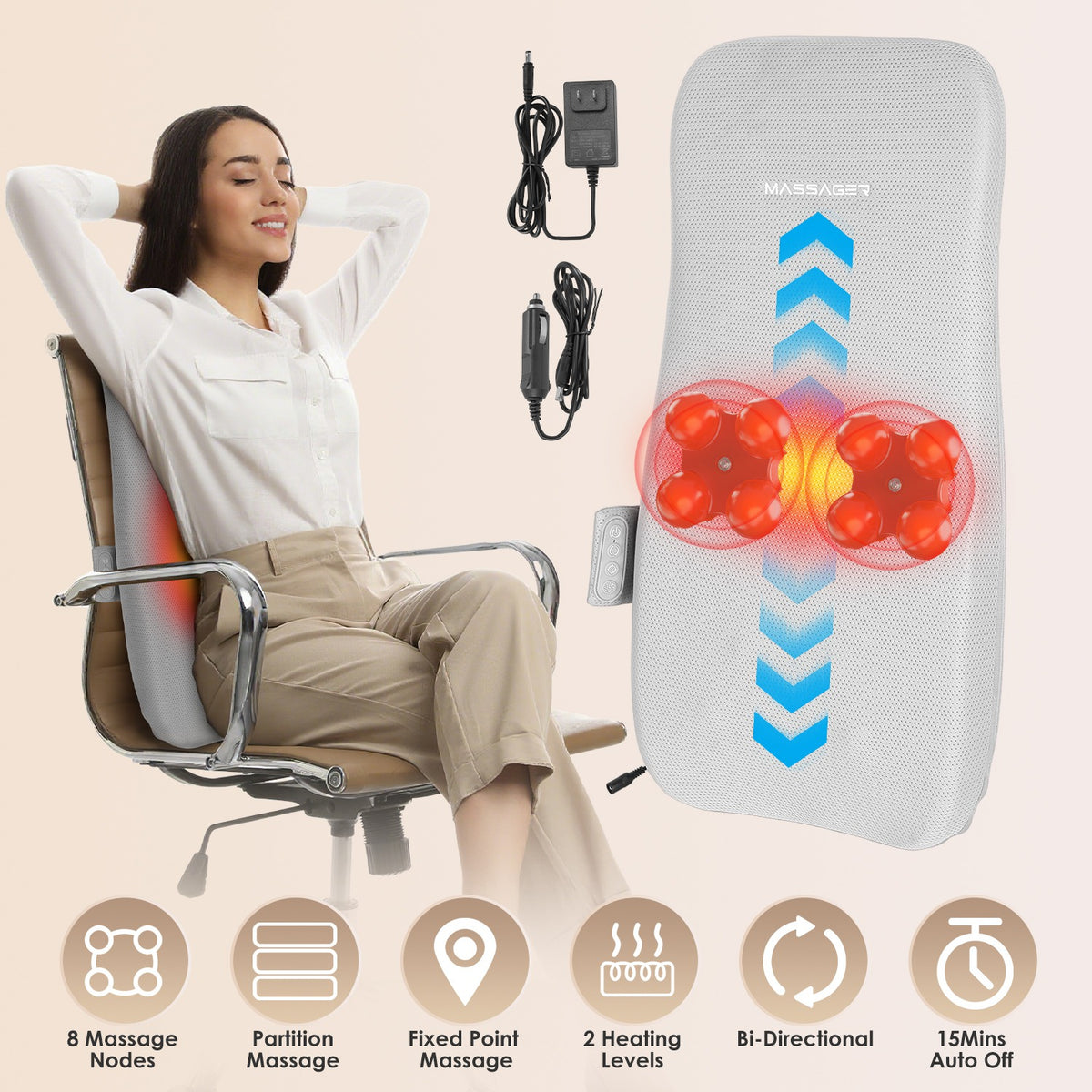 Shiatsu Back Massager with Heat and Kneading Nodes