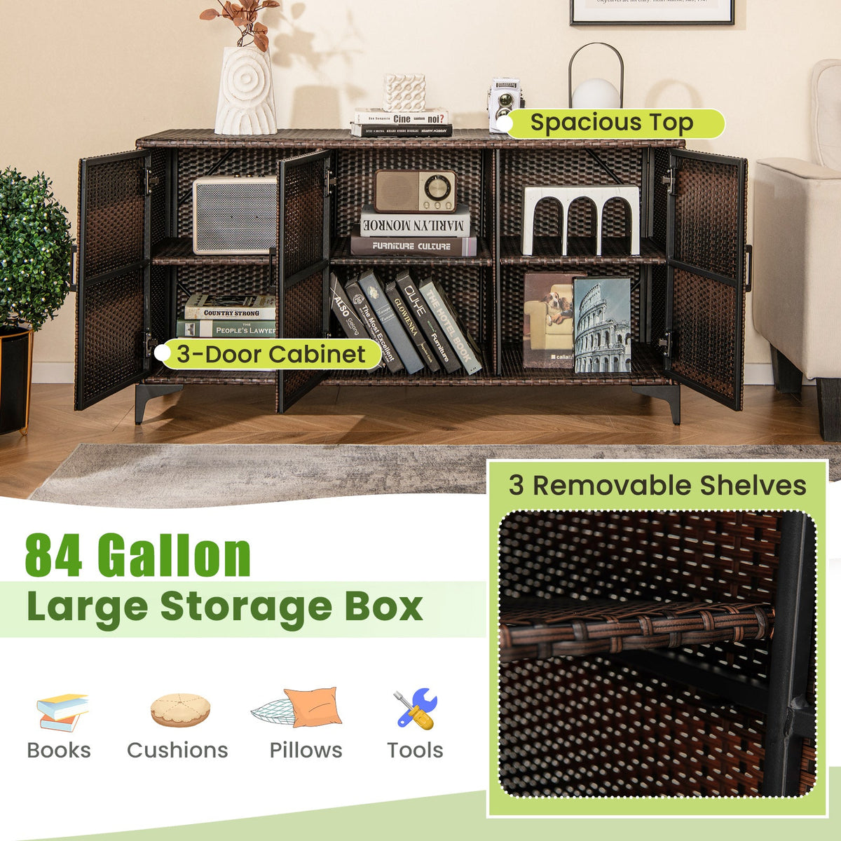 84 Gallon Patio Wicker Deck Box 3-Door PE Rattan Storage Container with Removable Shelves