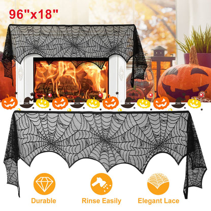 Spiderweb Mantle Scarf – 96x18" Black Lace Fireplace Cover for Halloween Decor