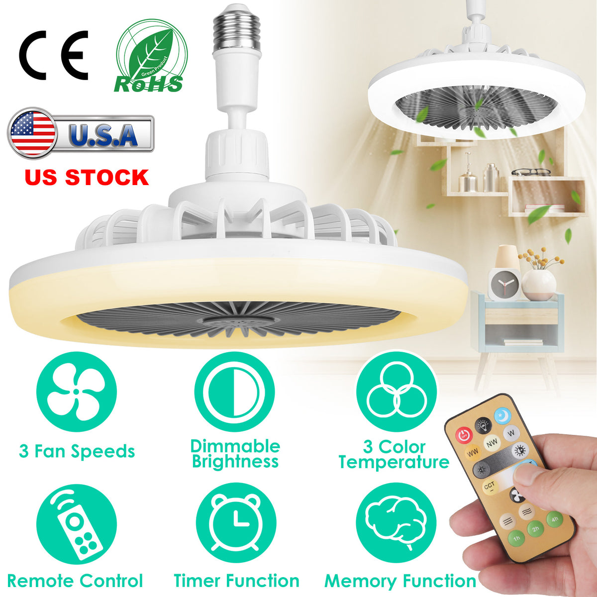 E27 Socket Ceiling Fan with Dimmable LED Light & Remote