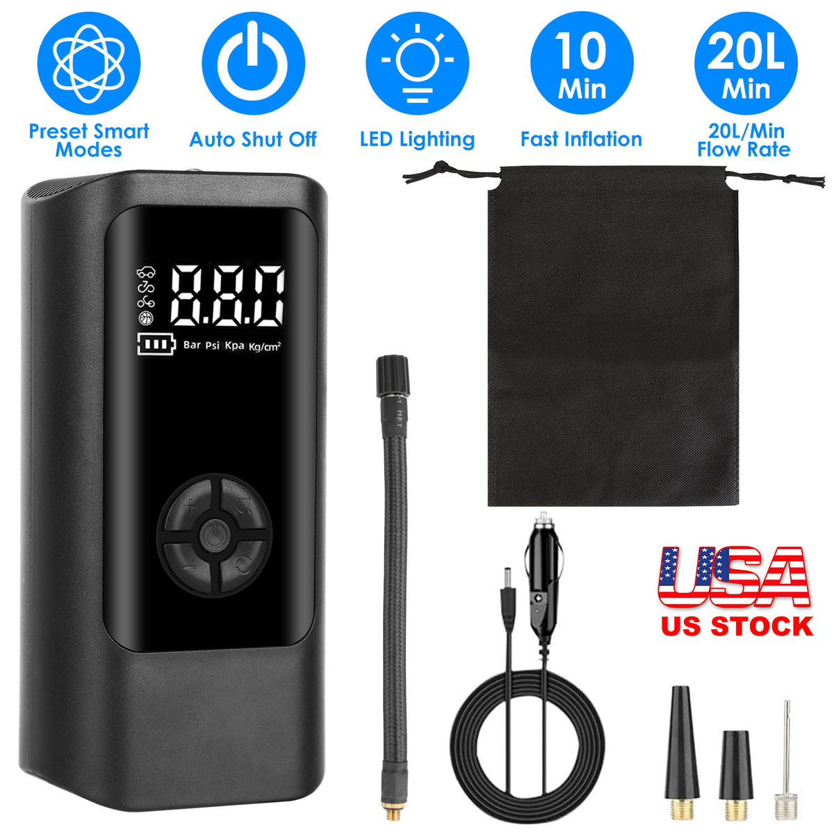 Portable Car Tire Inflator with LED Light & Digital Display