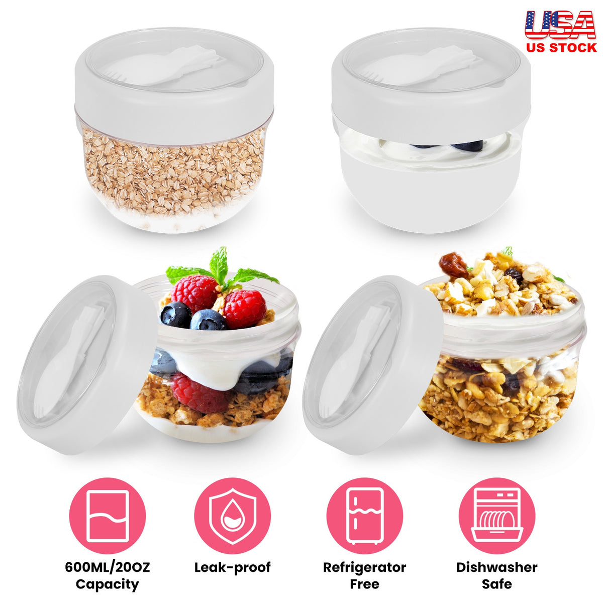 Overnight Oats Containers with Lids and Spoons, 20oz, 4-Pack