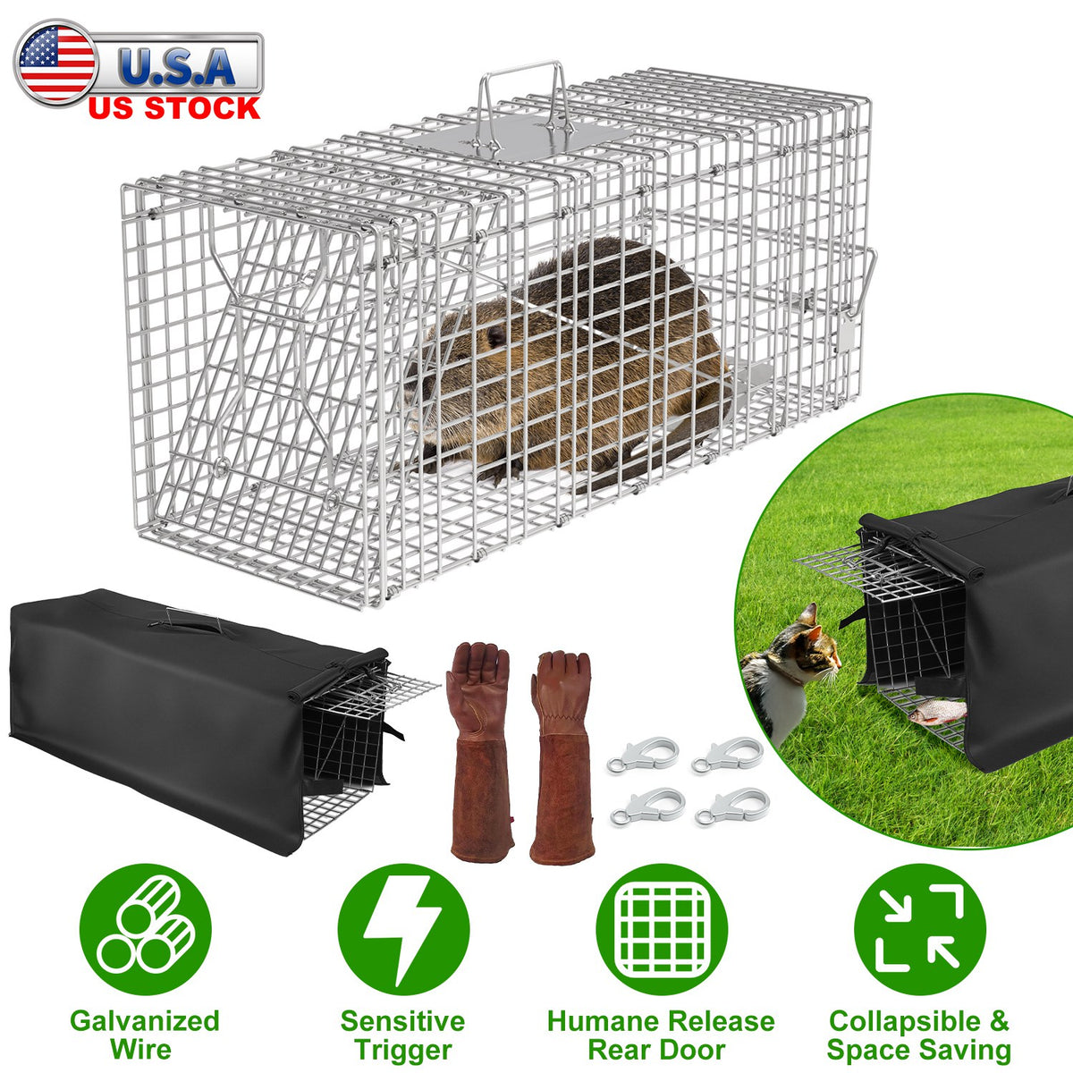 Humane Live Animal Trap Cage with Waterproof Cover - 30.5"