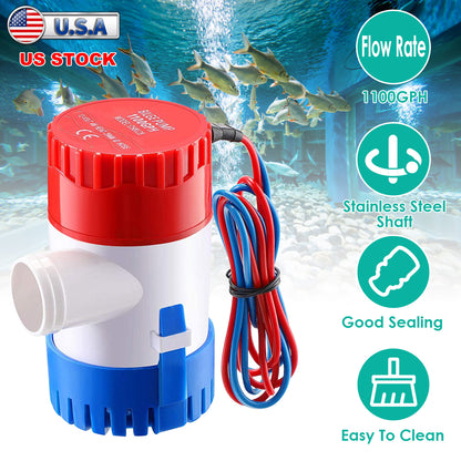 12V Submersible Bilge Pump 1100GPH Marine Water Drainage