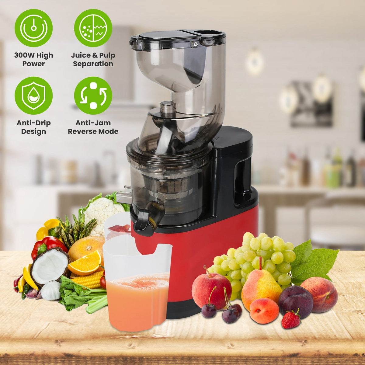 Cold Press Juicer Machine 300W Electric Slow Masticating Juicer for Whole Vegetable and Fruit with Reverse Function 2 Containers Cleaning Brush Clear