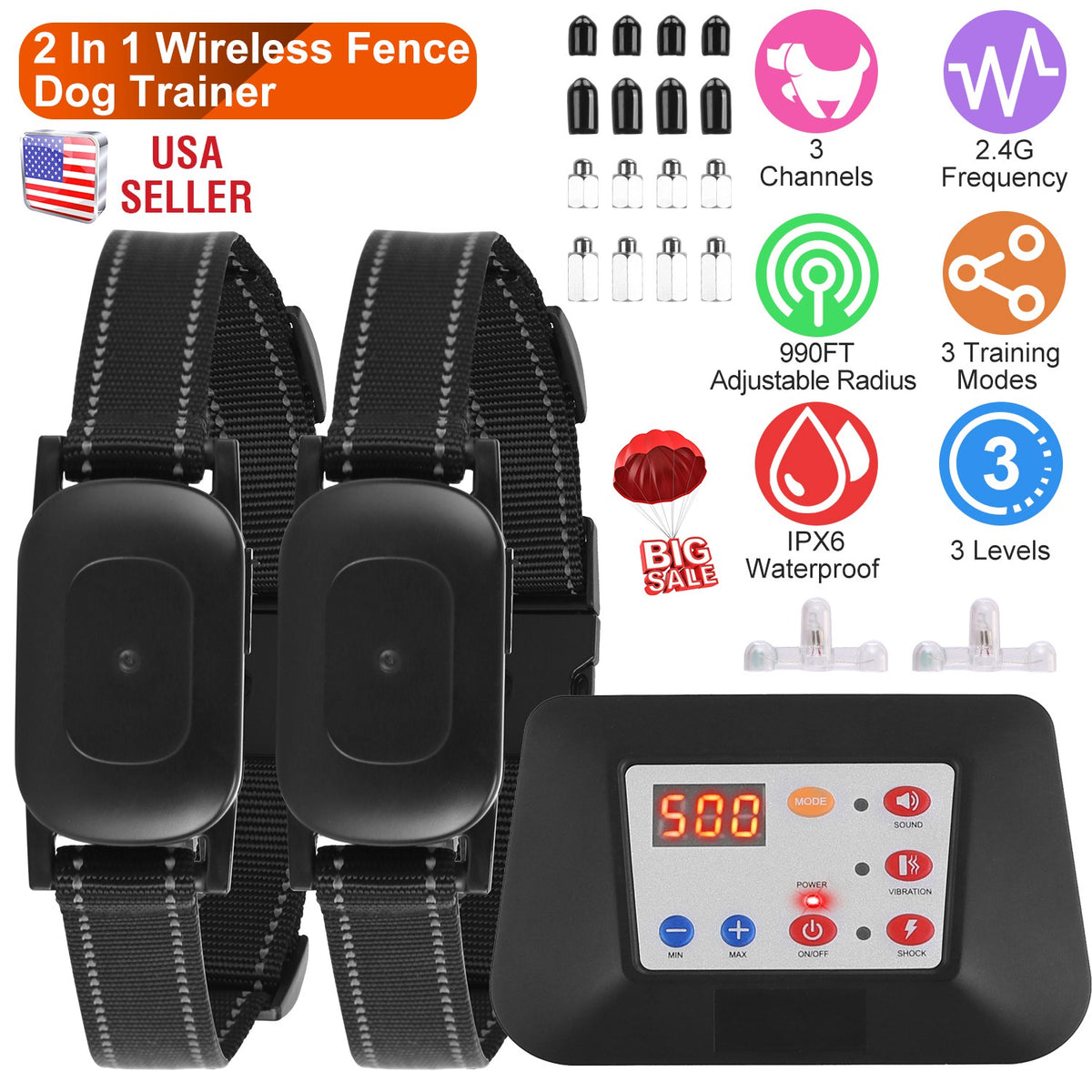 Wireless Dog Fence & Training Collar System 990FT Range